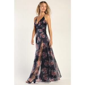 Lulu's Blooming Adoration Navy Blue Floral Organza Maxi Dress Size XS NWT